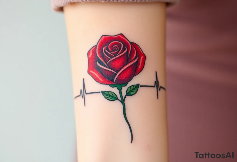 A continuous heartbeat line shaped like a rose, with the petals shaded in rich red and the stem in dark green. tattoo idea