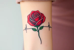 A continuous heartbeat line shaped like a rose, with the petals shaded in rich red and the stem in dark green. tattoo idea