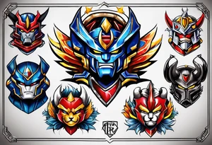 tatuaje en brazo combinando caricaturas dd los años 90, como lo son los halcones galacticos, mazinger z, thunder cats, los caballeros del zodiaco tattoo idea