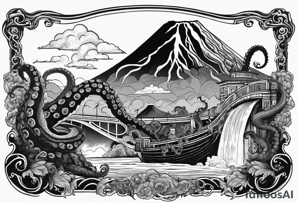 Octopus attacking a bridge with volcano in background erupting tattoo idea