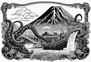 Octopus attacking a bridge with volcano in background erupting tattoo idea