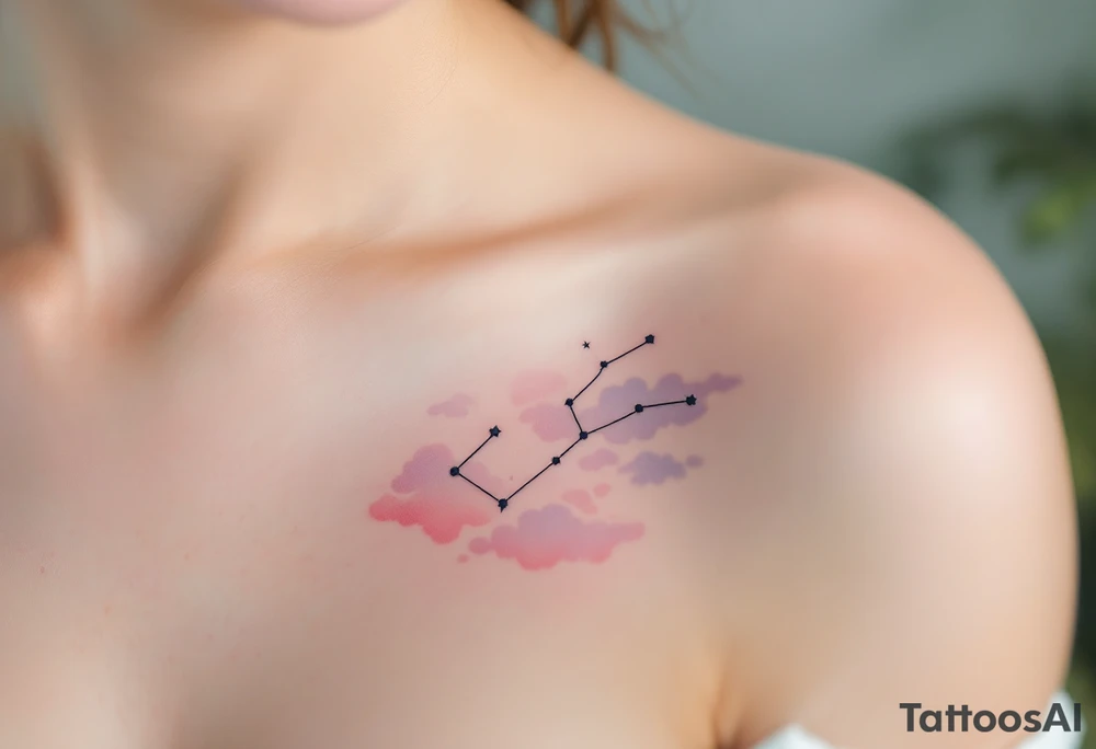 A soft pastel rendering of the Capricorn constellation on the collarbone, with pink and lavender clouds behind it. tattoo idea