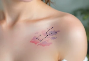 A soft pastel rendering of the Capricorn constellation on the collarbone, with pink and lavender clouds behind it. tattoo idea