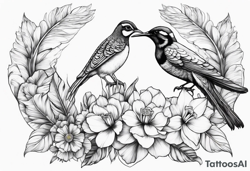 Peacock feather, butterfly, narcissus flower and hummingbird tattoo idea