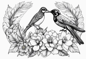 Peacock feather, butterfly, narcissus flower and hummingbird tattoo idea