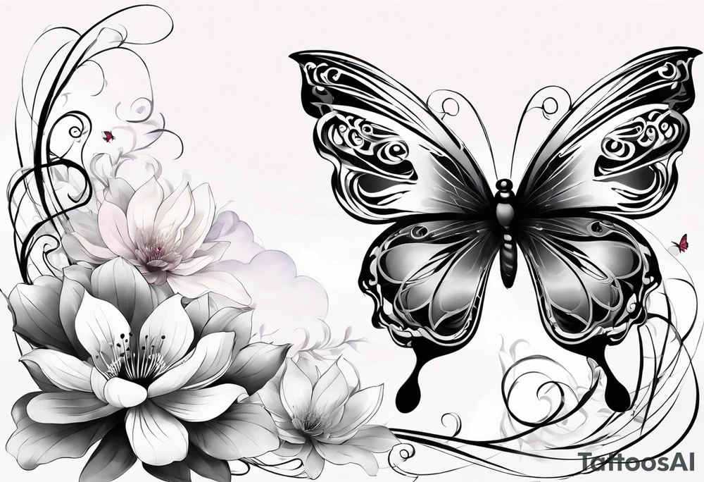 Butterfly with the middle of the butterfly is a japanese knot, fine line smoke/clouds sort of floating around and up, and lotus flower. My insipration is from a manga called xxHolic. I want the style to be flowy and loose and porcelain tattoo idea