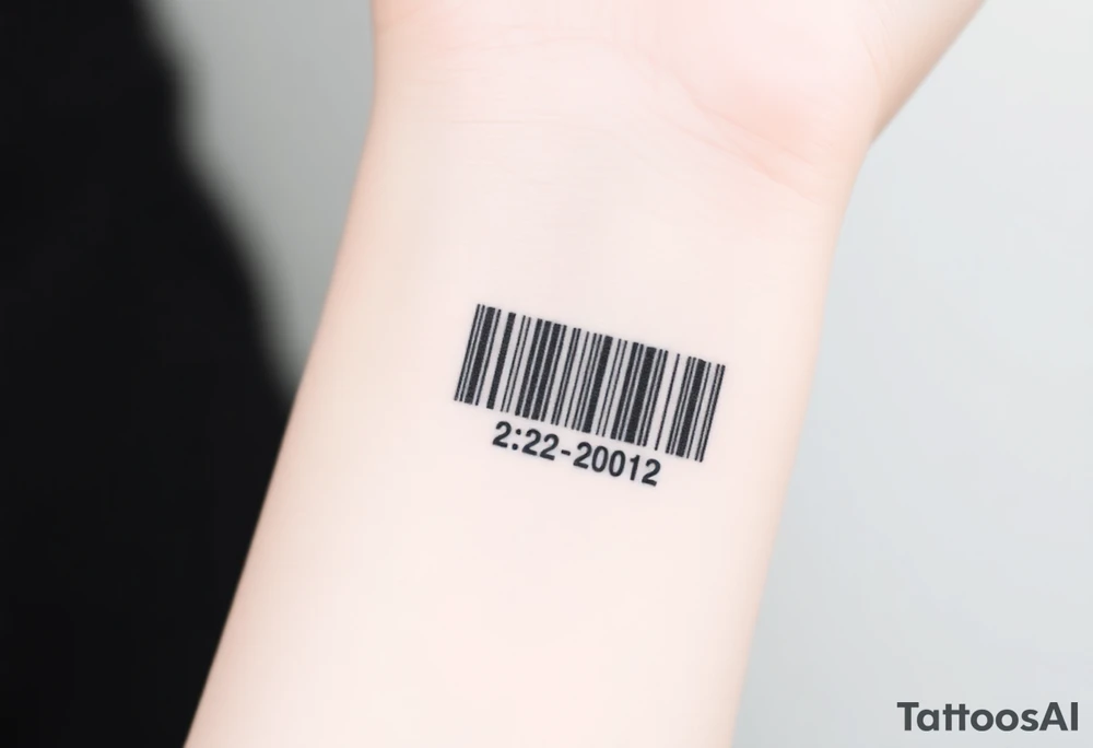 A sleek, minimalist barcode with the couple’s wedding date (22 - 12 - 2012) hidden in the numbers under barcode tattoo idea