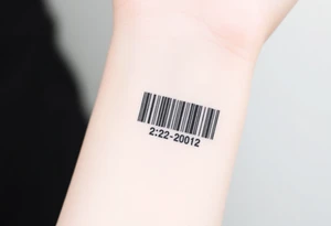A sleek, minimalist barcode with the couple’s wedding date (22 - 12 - 2012) hidden in the numbers under barcode tattoo idea