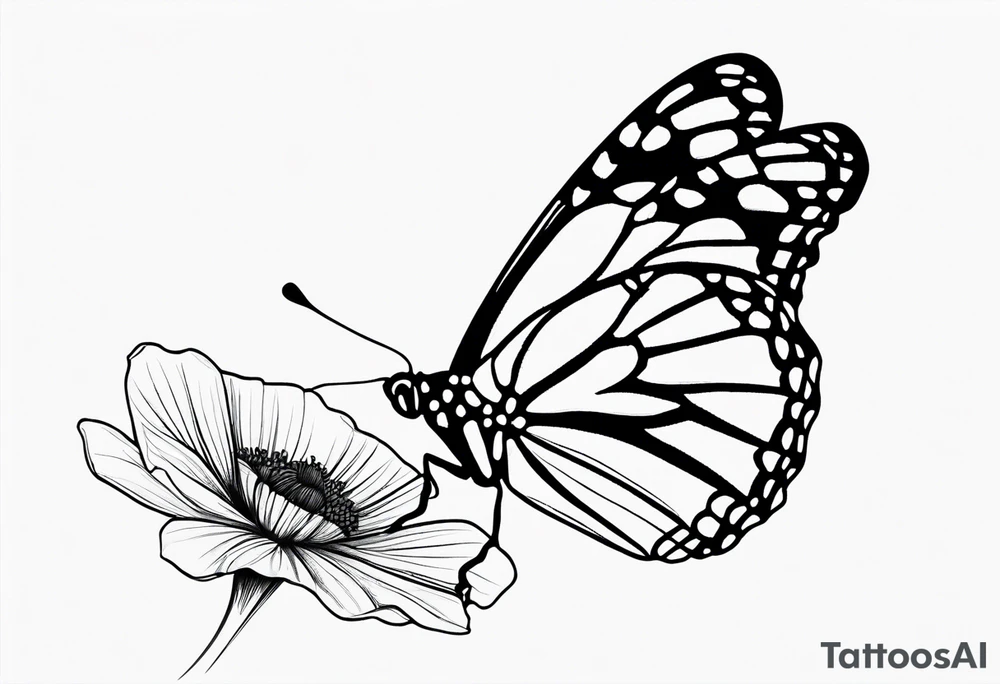 Design a black and white fine line tattoo of a monarch butterfly. The top halves of the wings should be filled with delicate poppy flowers, seamlessly integrated into the wing design. The overall style should be minimalistic and elegant, with clean lines and intricate details. The bottom halves of the wings should remain simple to emphasize the flowers above. tattoo idea