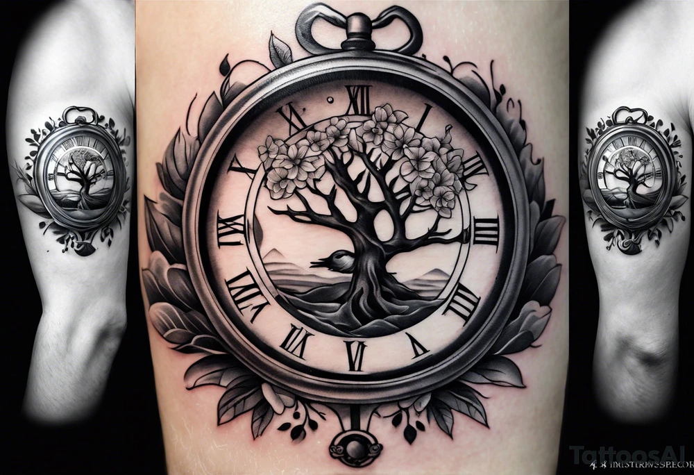 black and grey composition of three elements, 1), combination old school pocket watch and nautical compass, 2) a tree of life and 3) a doctor bird, connected together by lignum vitae flowers, on the arm 3/4 sleeve tattoo idea