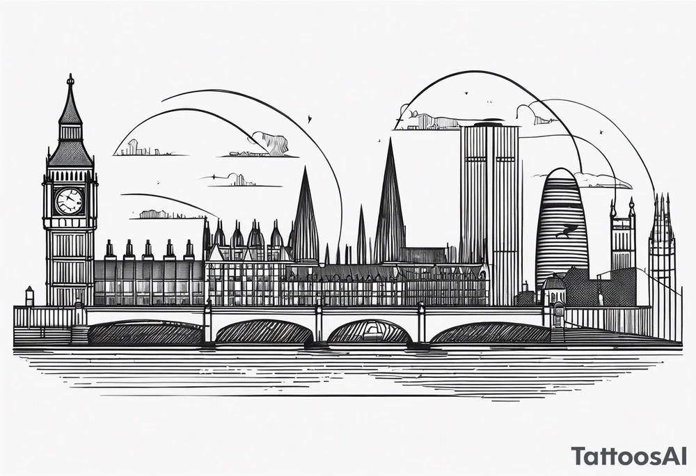 A minimalistic, abstract design capturing the architectural essence and vibe of London. Key elements of London’s skyline and structure are hinted at with clean lines, and subtle detailing includes personal touches, like a nod to Feid’s signature look (hat, glasses, mustache), integrated discreetly to honor a memorable concert experience. tattoo idea