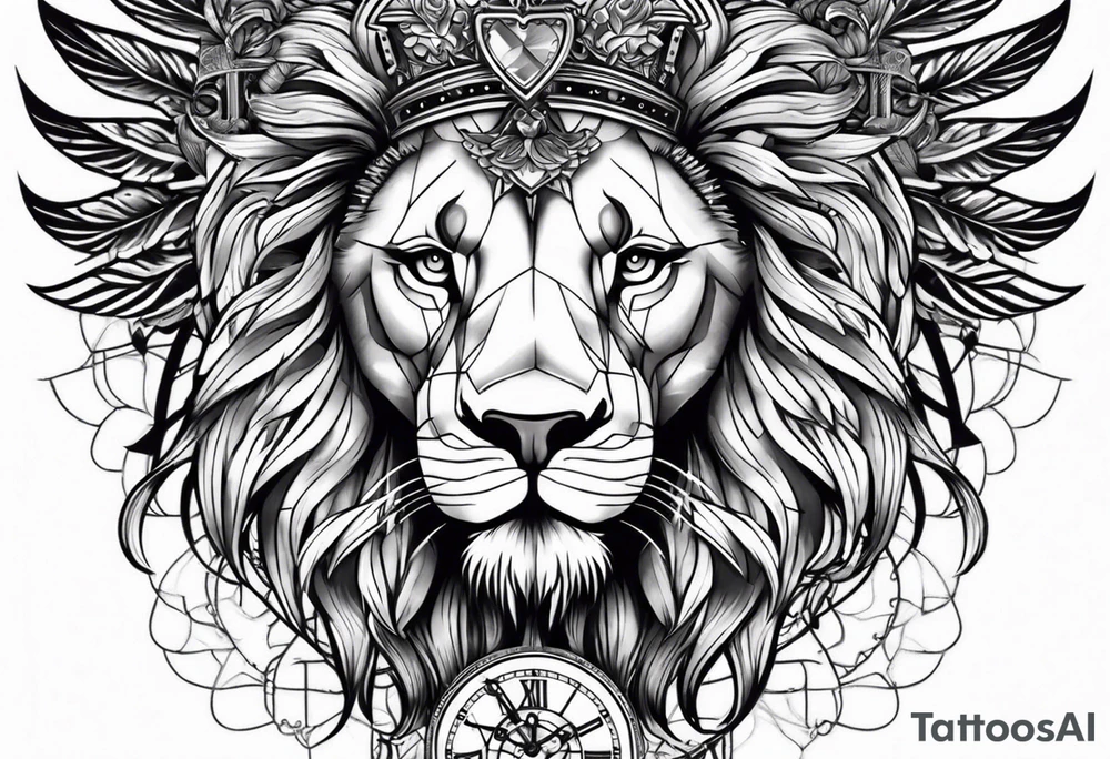 lion clock rose cross chain wing on thigh tattoo idea