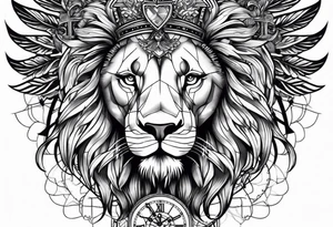 lion clock rose cross chain wing on thigh tattoo idea