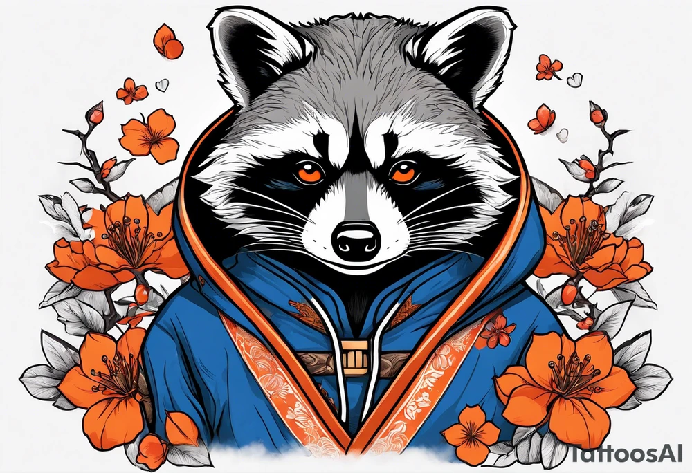 raccoon wearing a Superman hoodie with orange Japanese cherry blossoms tattoo idea