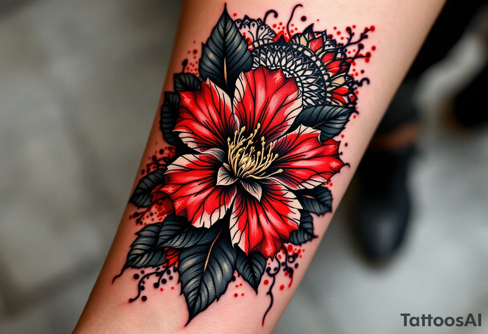 red  and black rhododendron trippy with mandala behind tattoo idea