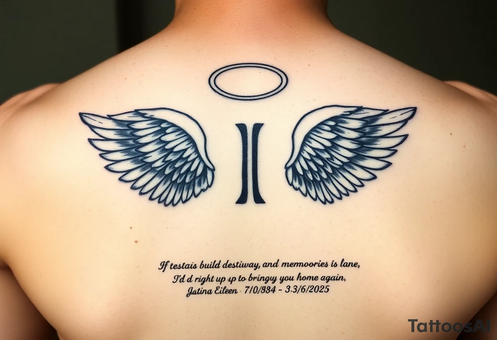 A semicolon intertwined with angel wings and a halo. At the bottom add this quote "If tears could build a stairway, and memories a lane, I'd walk right up to heaven and bring you home again." And also add my mother's name somewhere (Justina Eileen) and these dates 7/10/1984 - 3/6/2025 tattoo idea