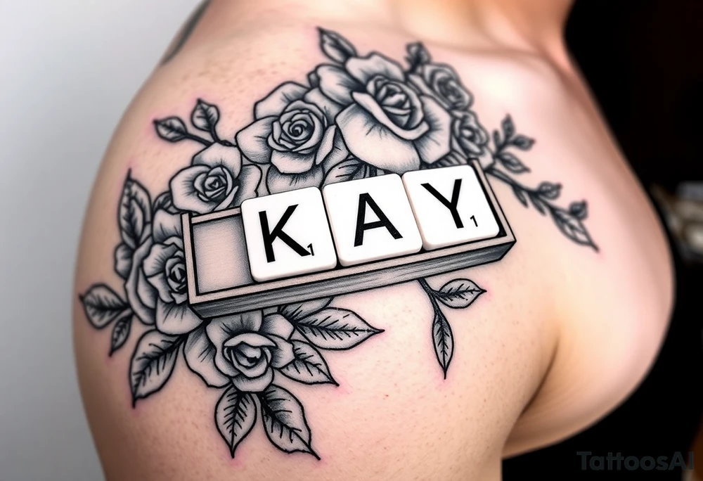 Tattoo on left shoulder
Predominant focal point: Scrabble letters spelling “KAY” resting on scrabble piece holder tray. The numbers in corner of each letter should not be actual scrabble values, instead they should be “1,4,3” or K=1, A=4, Y =3. To represent “I love you” 

This tattoo is to honor my grandmother in hospice

Surrounding the scrabble tile holder and pieces spelling KAY, her name, will be a rose bush tattoo. It should look realistic and fill all space between focal point scrabble tiles & the curves of my left shoulder muscle. I am pretty muscular, so I want the rose bush and stems to scent the definition of my shoulder muscles well. It should highlight my muscles and accentuate them more.

Tattoo in its entirety should cover the whole side of shoulder. The entire left shoulder, like Dwayne rock Johnson’s entire shoulder is covered. And rose bush should show lots of vines/stems tattoo idea