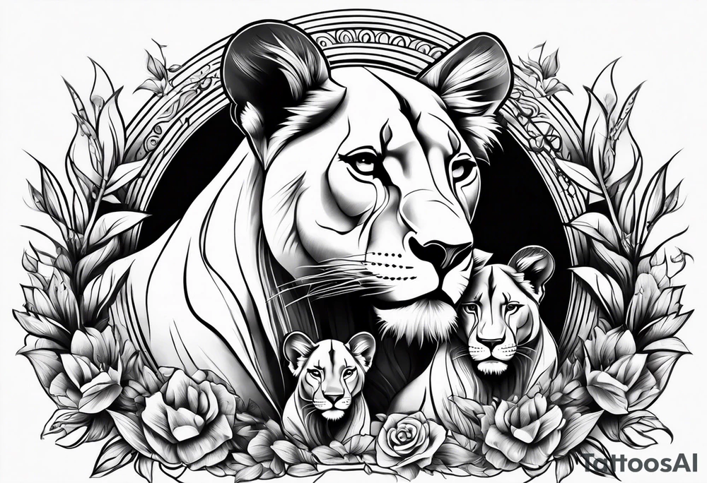Lioness protecting her two cubs tattoo idea