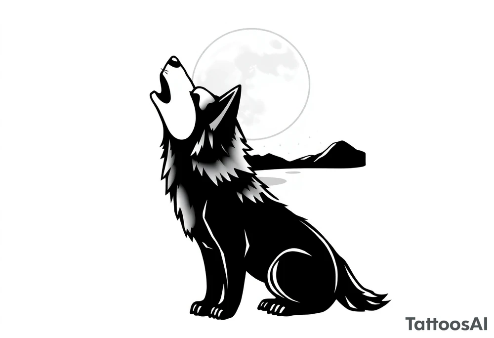 lone wolf howling at full moon with northern lights backdrop tattoo idea