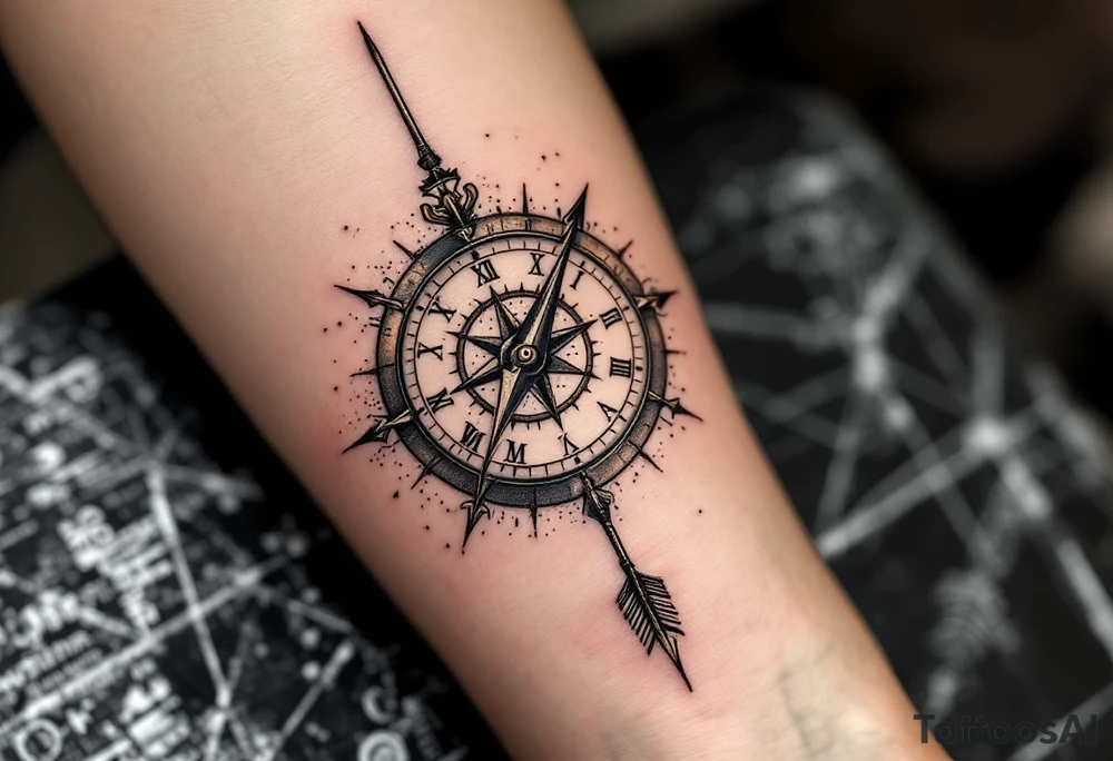 Rustic half compass half clock with and long native American arrow pointing at my wrist with the words “True North” tattoo idea