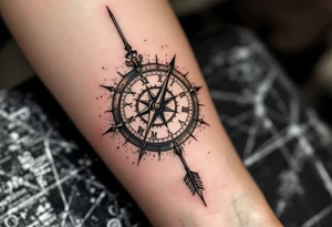 Rustic half compass half clock with and long native American arrow pointing at my wrist with the words “True North” tattoo idea