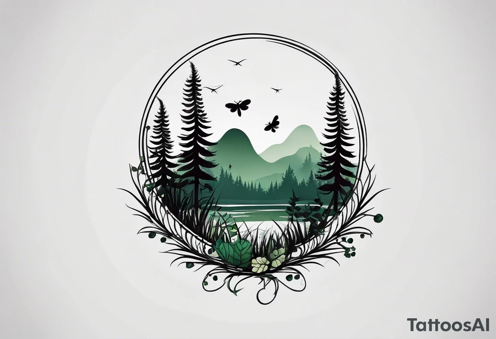 forest floor inspired minimalist tattoo, which includes grass, curly ferns, moss and dead leaves as the bulk of the tattoo. details to include: forest berries, a tiny bumblebee flying nearby, three small brown mushrooms
Generate a vertically long one tattoo idea