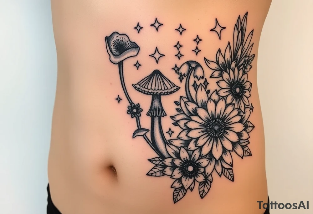 Could you possible make me a cool nature tattoo with mushrooms crystals  flowers mandala boho but colorful and psychedelic colorful too that would wrap from front of hip around side to mid back to cover an existing one I have incorporating the stars I have already and only covering some going with shape of curves of female body wrapping from front of hip around side to back tattoo idea