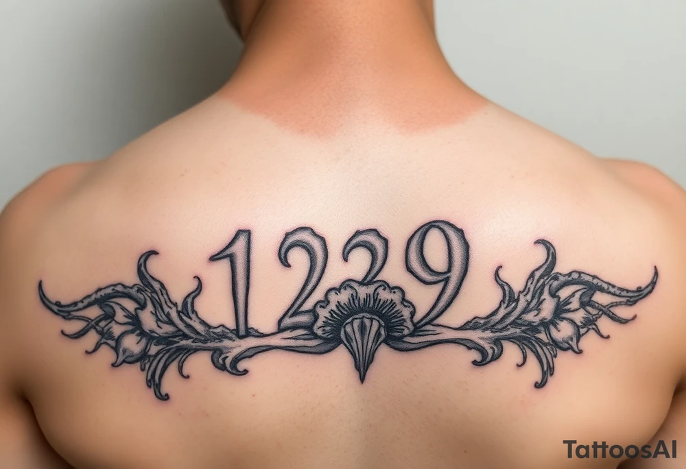 A 10x10 grunge tattoo with the number 129 and something like a fungus tattoo idea