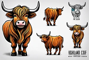 highland cow smiling standing on hind legs tattoo idea