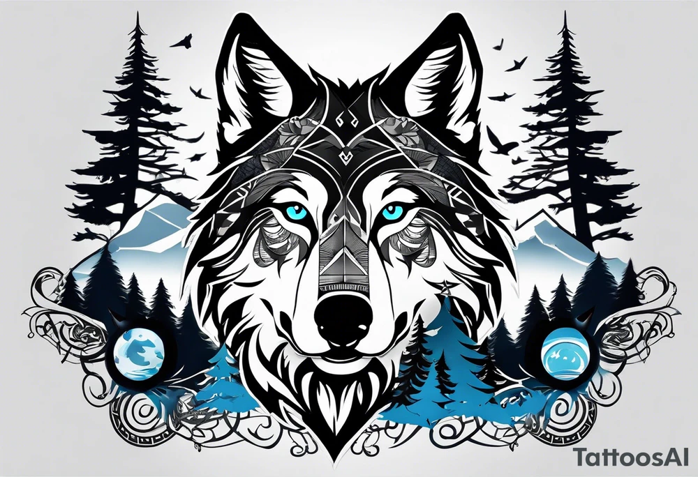 Creative, aesthetic black and white tattoo design for whole wrist which should include camera aspects in style and in an aesthetic manner, half wolf face with blue eyes, rapping elements and adventure elements like mountains,birds,pine trees. tattoo idea