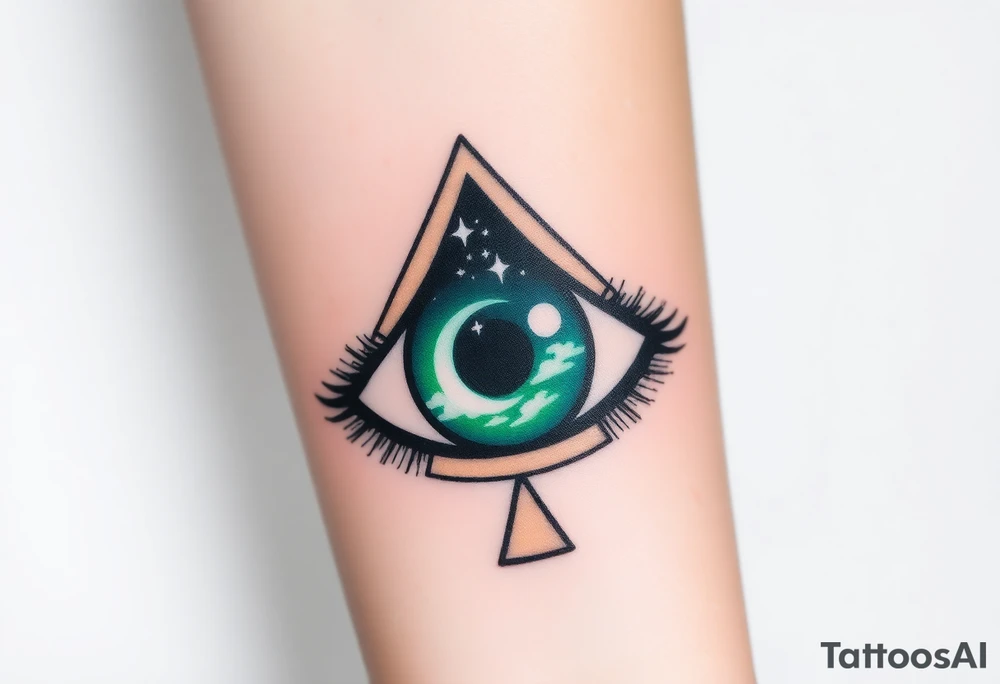 Large almond shaped outline of an eye with an eyeball in the shape of an ace of spades long black eyelashes eyecolored greenish blue vivid colors like green blue purple with a crescent moon stars and clouds inside of the eyeball tattoo idea