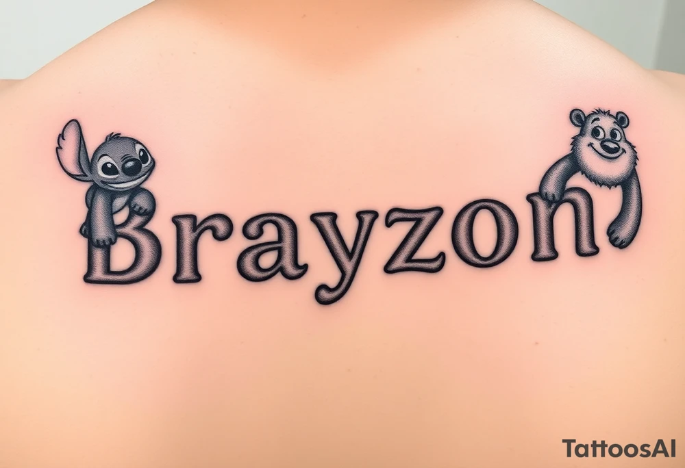 The name Braxton in small bubble letters with a animated stitch character from lilo and stitch 
The name Bentley in small bubble letters with a animated Piglet from Winnie the Pooh 
The name Cayden in small bubble letters with a Sully from monsters inc 
All in one tattoo tattoo idea