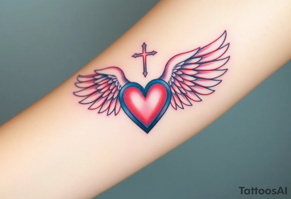 dainty catholic sacred heart with angel wings tattoo idea