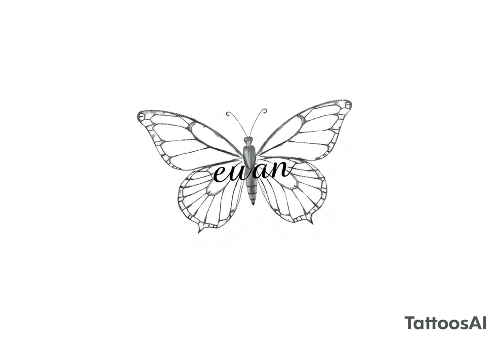 A butterfly with the name “euan” incorporated into it tattoo idea