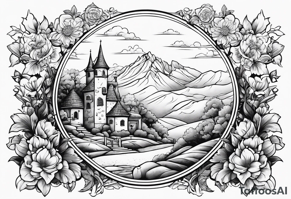 night medieval houses mountains garden gate entrance
in circle vignette surrounded by clouds floral tattoo idea