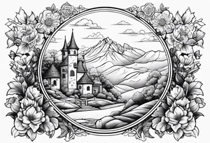 night medieval  houses mountains garden gate entrance 
 in circle vignette surrounded by clouds floral tattoo idea