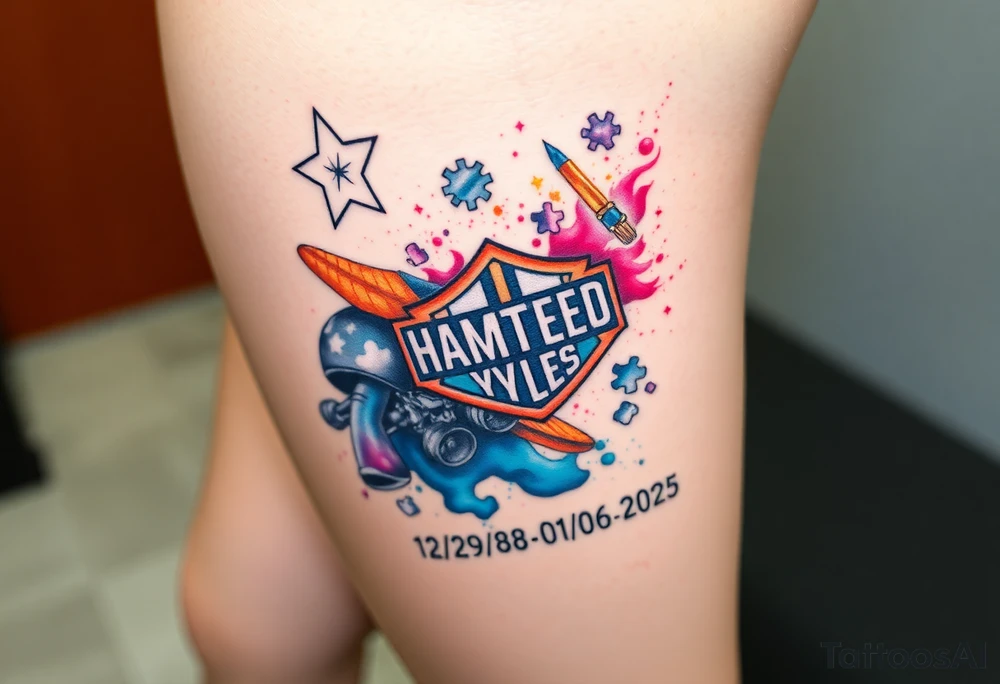 colorful futuristic memory tattoo for passed boyfriend;, star wars, Harley Davidson, skateboarding, puzzle pieces, video games, heaven, god, outdoors, 9mm bullet, words MEMENTO MORI & DARTH CARTER 12/29/88-01/06/2025 tattoo idea