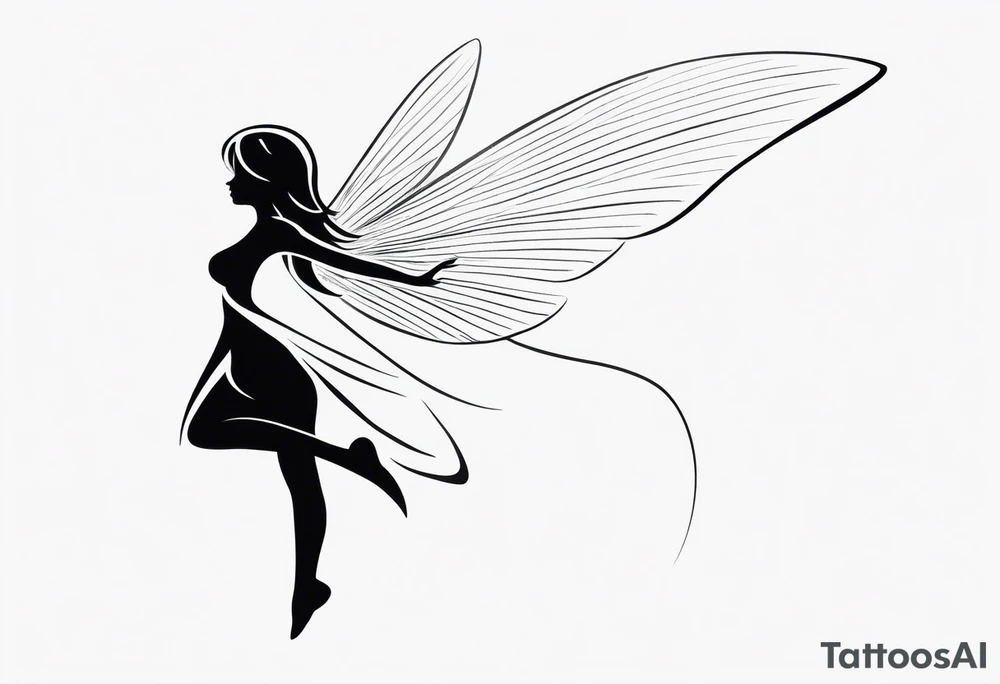 Minimalistic, monochromatic fairy with a tail flying to the left in a fetal position, leaning and looking in the same direction, with visible hands, embodying the 'Fairy Tail' logo aesthetic. tattoo idea