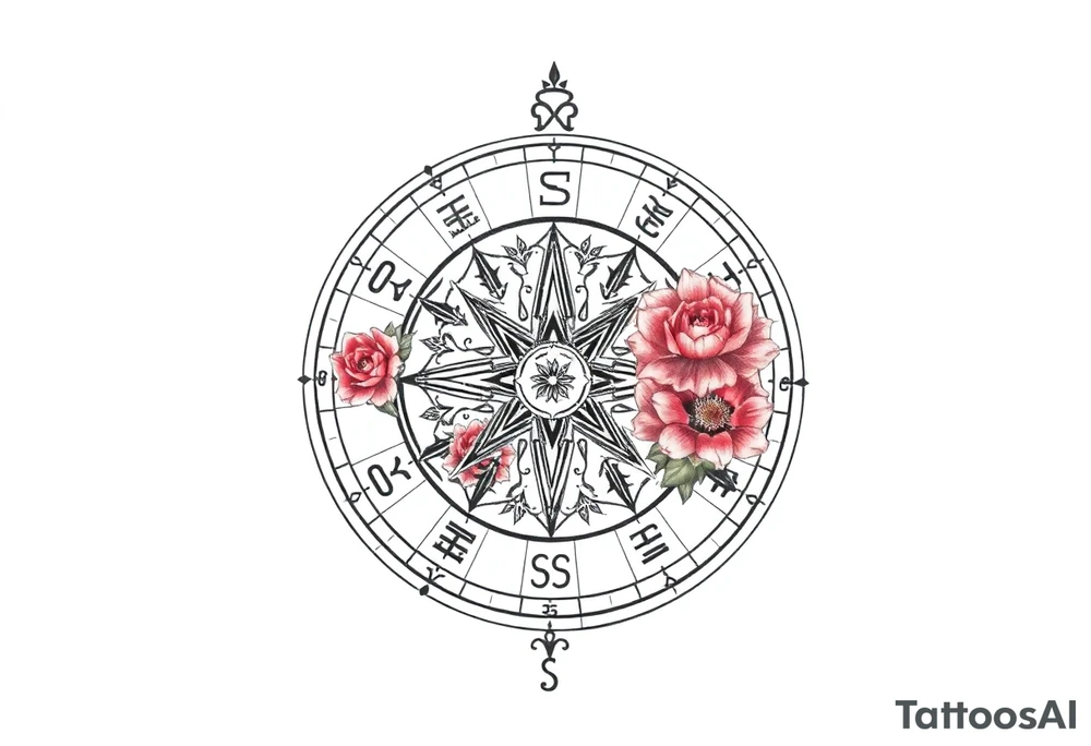 zodiac symbols the elements and Norse runes within ornate compass with roses lilly sunflowers tattoo idea
