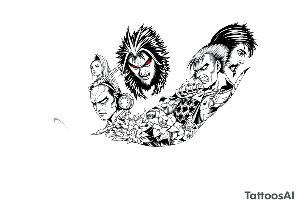 Battle royal anime sleeve with several characters from different Manga tattoo idea