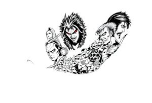 Battle royal anime sleeve with several characters from different Manga tattoo idea