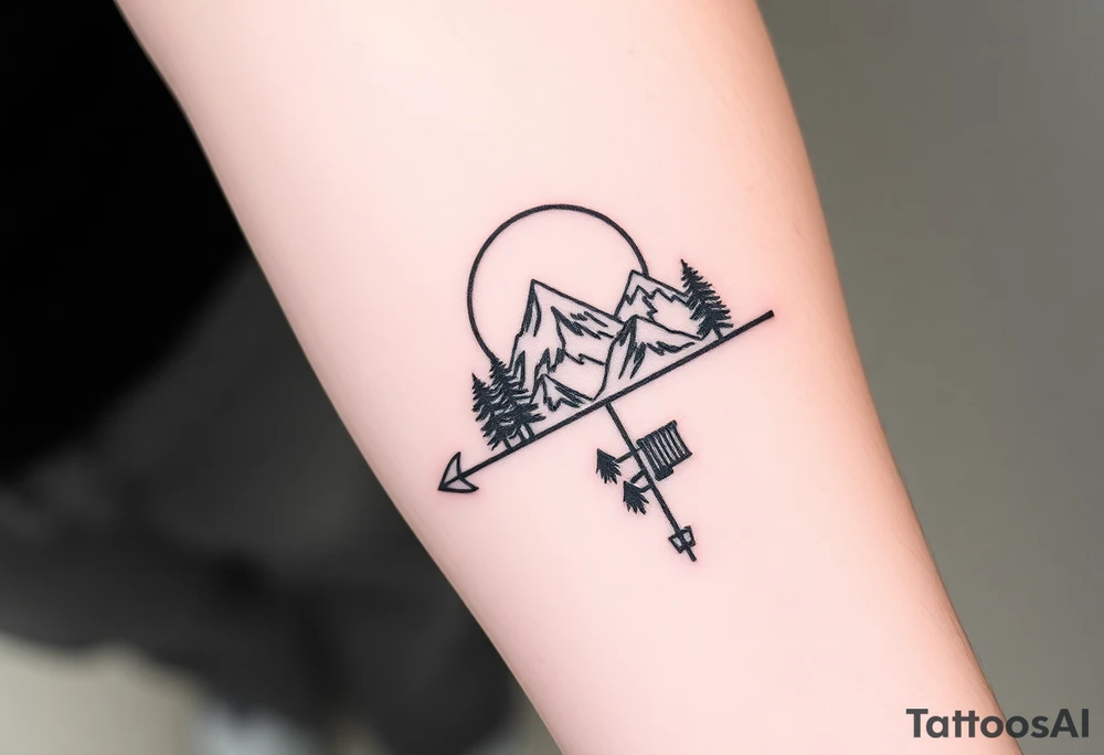 Mountains sun sea trees on an arrow like design tattoo idea