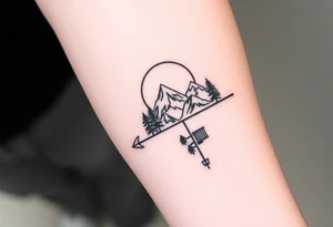 Mountains sun sea trees on an arrow like design tattoo idea
