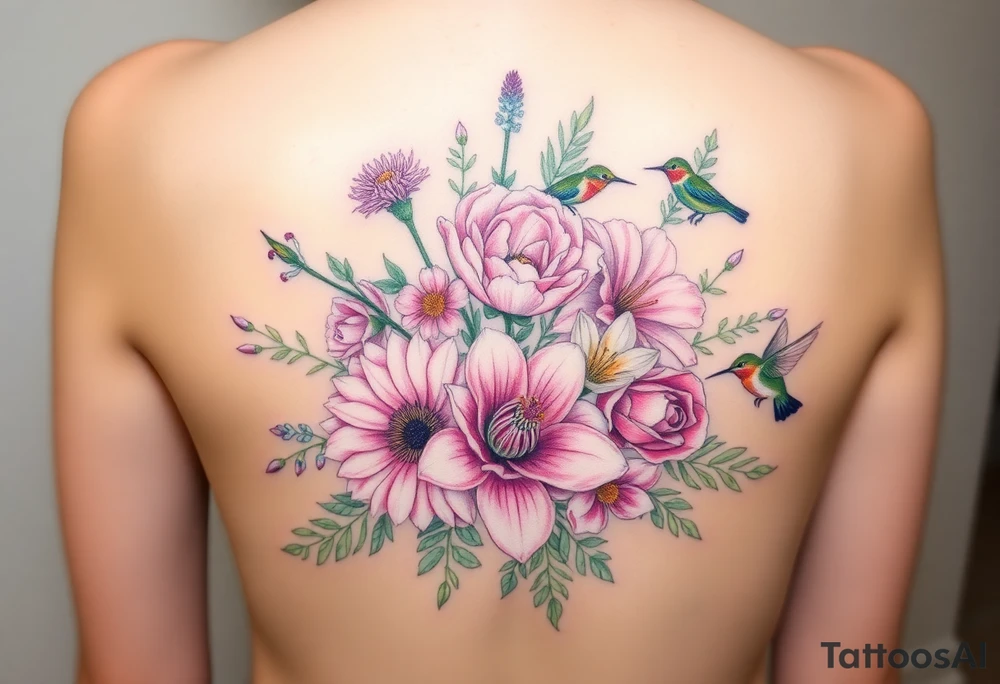 Bouquet of flowers With pastel carnation, Aster, rose, Lily, two Larkspur,  narciussus, And two hummingbirds. tattoo idea