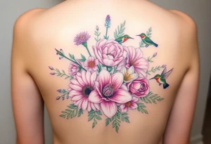 Bouquet of flowers With pastel carnation, Aster, rose, Lily, two Larkspur,  narciussus, And two hummingbirds. tattoo idea