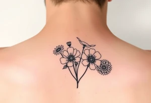 Simple minimalist cartoon 
line tattoo of flower bouquet in order of these flowers, daisy, cosmo, poppy, chrysanthemum, cosmo tattoo idea