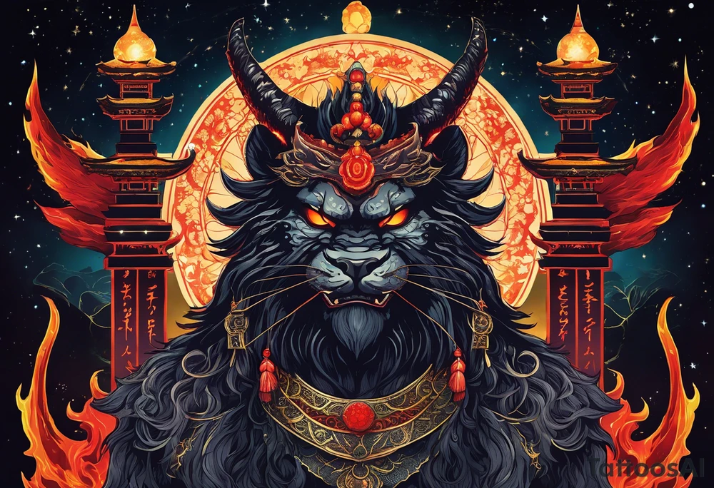 A majestic demon king with devilish features placed above torii gate is depicted in this image. The king's deep-set glowing galaxy-styled large eyes give off an aura of power and mystery. The king's head is acting as dreamcatcher and has braids styled like predator, with 2-3 ending with flame-styled feathers. The king's face is intricately dotted in narsimha/ rudra symbols. The head has a crown shaped blue and orangish flames with intricate and prominent koru maori symbols in the shape of trishul/ trident. The image is filled with vibrant colors, with deep blue, purple, and violet, with bright orange and yellow. This face bust (only face) is atop of a torii gate which is in a brush stroke style, somewhat visible. The king looks regal and powerful. tattoo idea