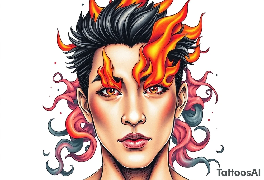 Handsome Asian young guy with a flame eyes tattoo idea