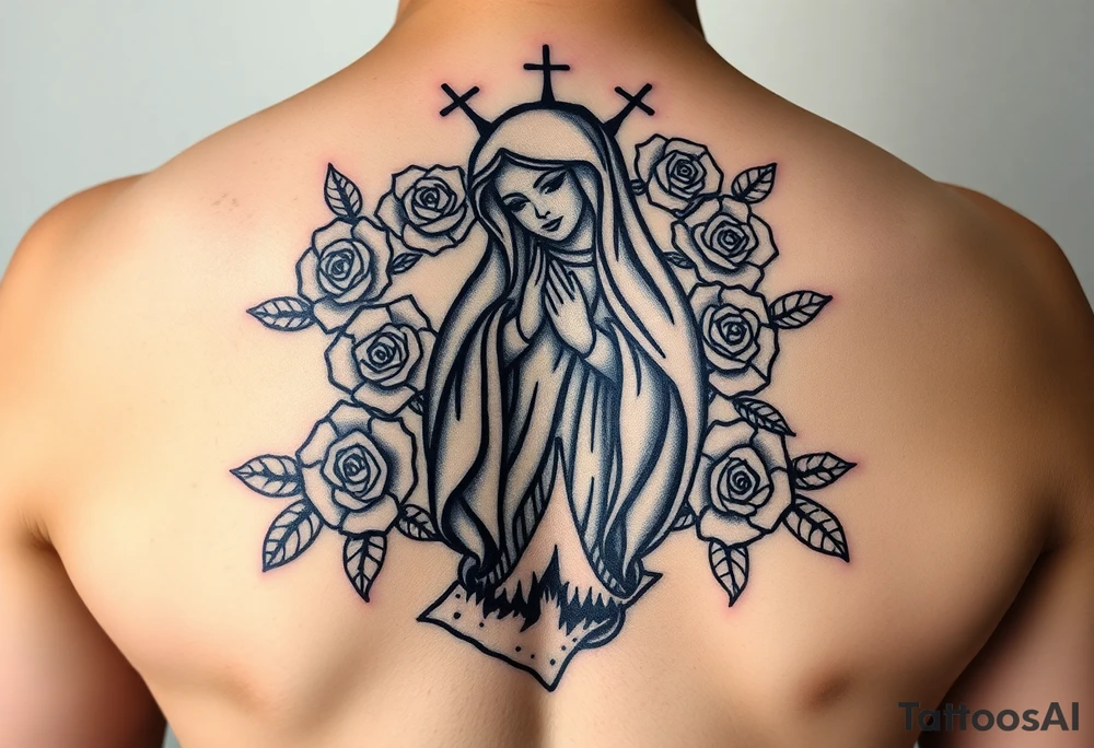 Mother mary with roses around her head, and a burnt up paper under her feet tattoo idea
