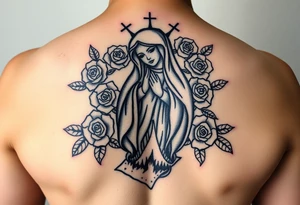 Mother mary with roses around her head, and a burnt up paper under her feet tattoo idea